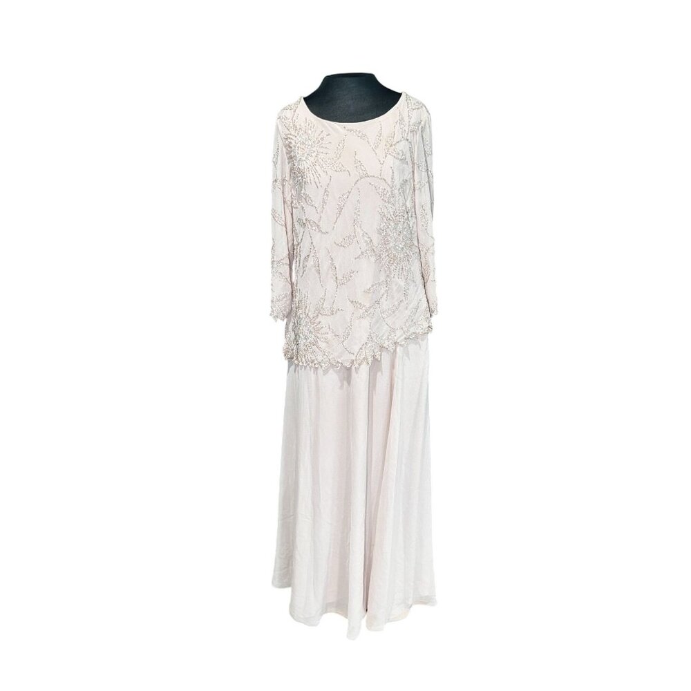 Jkara Womens Plus Size 14W Beaded Gown With Sheer Overlay & 3/4 Sleeve